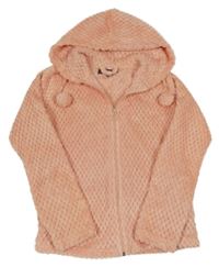 Lososová chlupatá strukturovaná propínací mikina s kapucí 