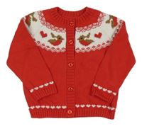 Červeno-biely prepínaci sveter s vtáčky a srdiečkami Matalan