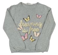 Sivý sveter s nápisom a motýlikmi zn. H&M