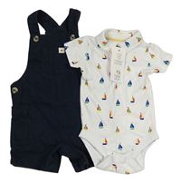 2set - Bílé body s lodičkami + tmavomodré riflové laclové kraťasy F&F