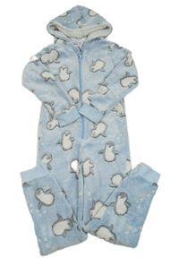 Světlemodrá chlupatá kombinéza s tučňáky s kapucí Peacocks