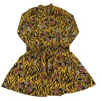 Oranžovo-čierne vzorované šaty s kvetmi a hady