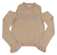 Ružovo-zlatý sveter s nápisom a volnými rameny River Island