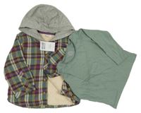 Nové - 2set - Barevná kostkovaná zateplená košilová bunda s kapucí + khaki triko Next 