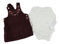 Nové - 2set - Vínové manšestrové laclové šaty s kytičkami + bílé body F&F