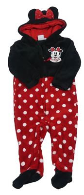 Červeno-čierna plyšová kombinéza s Minnie a bodkami a kapucňou Disney