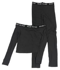 2Set - Tmavošedo-černé crop triko s logy a lodičkovým výstřihem + legíny RIVER ISLAND