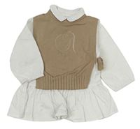 2Set- Bílá tunika + hnědá svetrová zavazovací vesta s výšivkou 