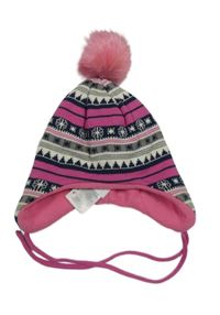 Smetanovo-sivo-tmavomodro/růžová vzorovaná pletená zavazovací čapica s brmbolcom coolclub