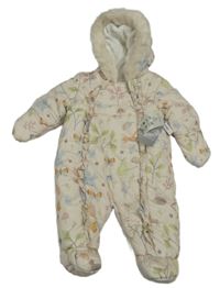 Nové - smotanová prešívaná šušťáková zimná kombinéza s obrázky a volániky a kapucňou s kožešinou George