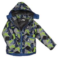 Šedo-černo-tmavomodro-zelená vzorovaná šusťáková zimní bunda s nášivkou a odepínací kapucí 