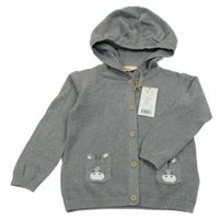 Nové - šedý melírovaný propínací svetr s čumáčky/kapsami a kapucí s oušky lupilu
