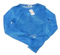 Nové - modro-safírové vzorované síťované crop triko se všitým topem Candy Couture