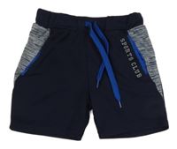 Tmavomodro-melírované športové kraťasy s nápisom Topolino