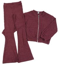 2Set - Vínová melírovaná rebrovaná úpletová bundomikina + flare nohavice Tu