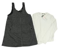 Nové - 2Set - Čierno-bielo-modré kockované úpletové šaty so třpytkami + smotanové rebrované tričko PRIMARK