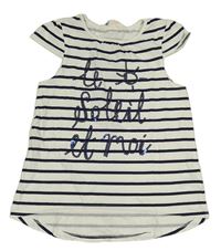 Bielo-tmavomodré pruhované tričko s nápisem z flitrů H&M