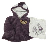 2set - Fialová kožušinová bunda s mašlou a kapucí + biele tričko s balerínami