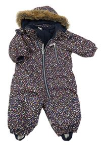 Tmavomodrá kvetovaná šušťáková zimná kombinéza s králikmi a kapucňou H&M