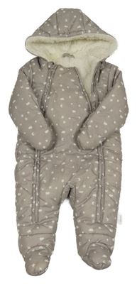 Hnědá šusťáková zimní kombinéza s hvězdami a kapucí