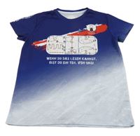 Tmavomodro-bielo-červené športové tričko s potlačou