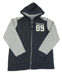 Tmavomodro-sivá melírovaná prepínaci mikina s číslom a kapucňou C&A