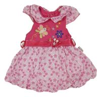 Tmavorůžovo-bílé bavlněno/plátěné šaty s motýlem a květinami