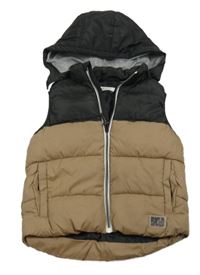 Béžovo-čierna šušťáková prešívaná zateplená vesta s kapucňou H&M
