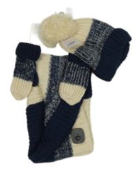 Nové - 3 set - modro-smetanová pletená čepice s bambulí + palcové rukavice + nákrčník F&F