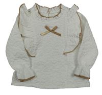 Biela mačkaná blúzka s volánikom a hnedou mašličkou