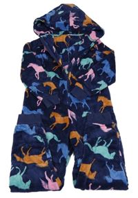 Tmavomodrá chlpatá kombinéza s barevnými koníky a kapucňou M&S