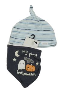 2 set - tmavošedý slinták s dýní + modrá pruhovaná čepice 