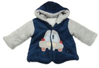 Tmavomodro-šedá chlupatá propínací podšitá mikina s autem a kapucí 