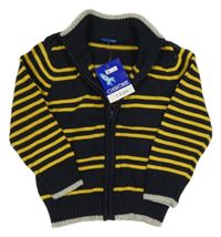 Nové - tmavomodro-žlutý pruhovaný propínací svetr Cherokee