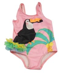 Neonově růžové jednodílné plavky s tukanem a barevnými volánky 