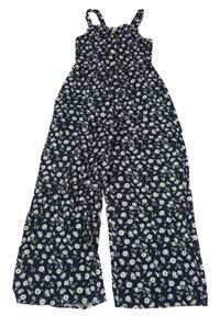 Tmavomodro-bílý květovaný lehký kalhotový overal M&S