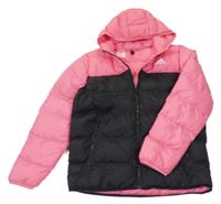 Černo-růžová šusťáková zimní bunda s logem a kapucí Adidas