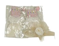 Nové - 3set - 2x bílé ponožky s pompomy + bílá čelenka s květem a mašlí 