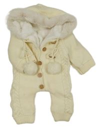 Smotanová pletená zateplená kombinéza s kapucňou