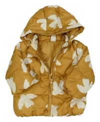 Hořčicová šusťáková zateplená bunda s ptáčky a kapucí H&M