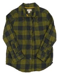 Kaki-čierna kockovaná flanelová košeľa