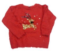 Červený chlpatý sveter so sobem z flitrů Tu