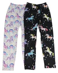 Nové - 2x legíny - bílo-fialové s jednorožci + černé s jednorožci 