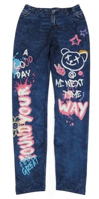 Tmavomodré legíny riflového vzhledu s potiskem 