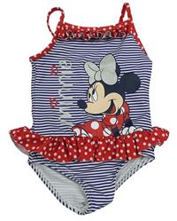 Tmavomodro-bílo-červené pruhované jednodílné plavky s Minnie a volánky a puntíky PRIMARK