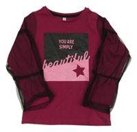 Vínové triko s potiskem a tylovými rukávy 