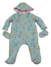 Světlemodrá zateplená bavlněná kombinéza s žirafami a kapucí + rukavice Jojo Maman Bébé