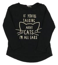 Černé triko s kočkou a nápisem Matalan