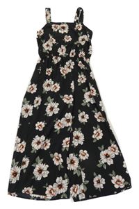 Čierny kvetovaný ľahký culottes overal s volánem New Look