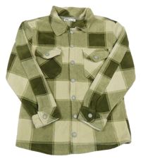 Khaki-béžová kostkovaná fleecová košilová bunda 